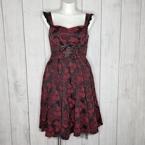 Hearts & Roses Corset Dress Gothic Lolita Black & Wine Red Floral, sz 12